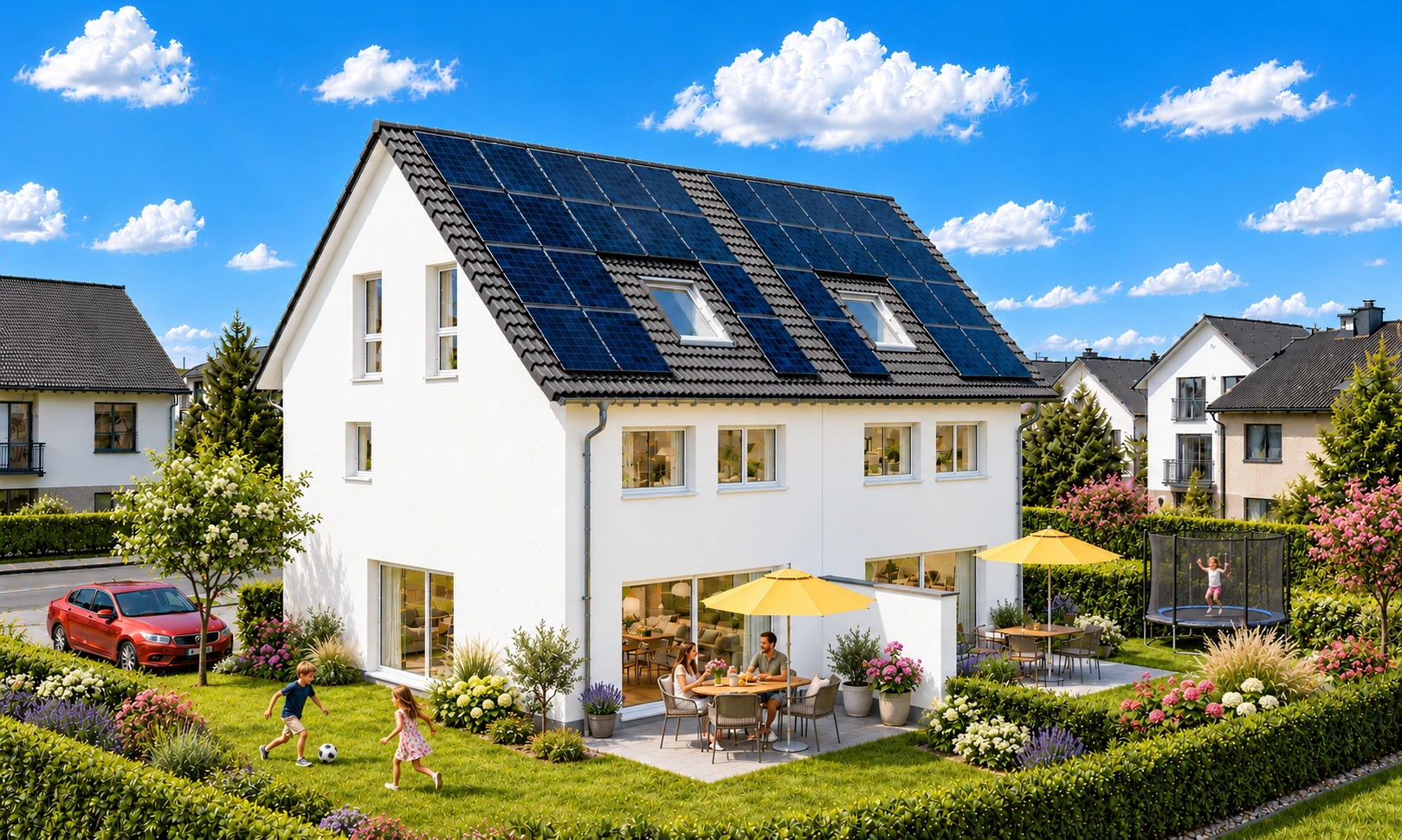 Gartenperspektive des Doppelhauses in Jugenheim