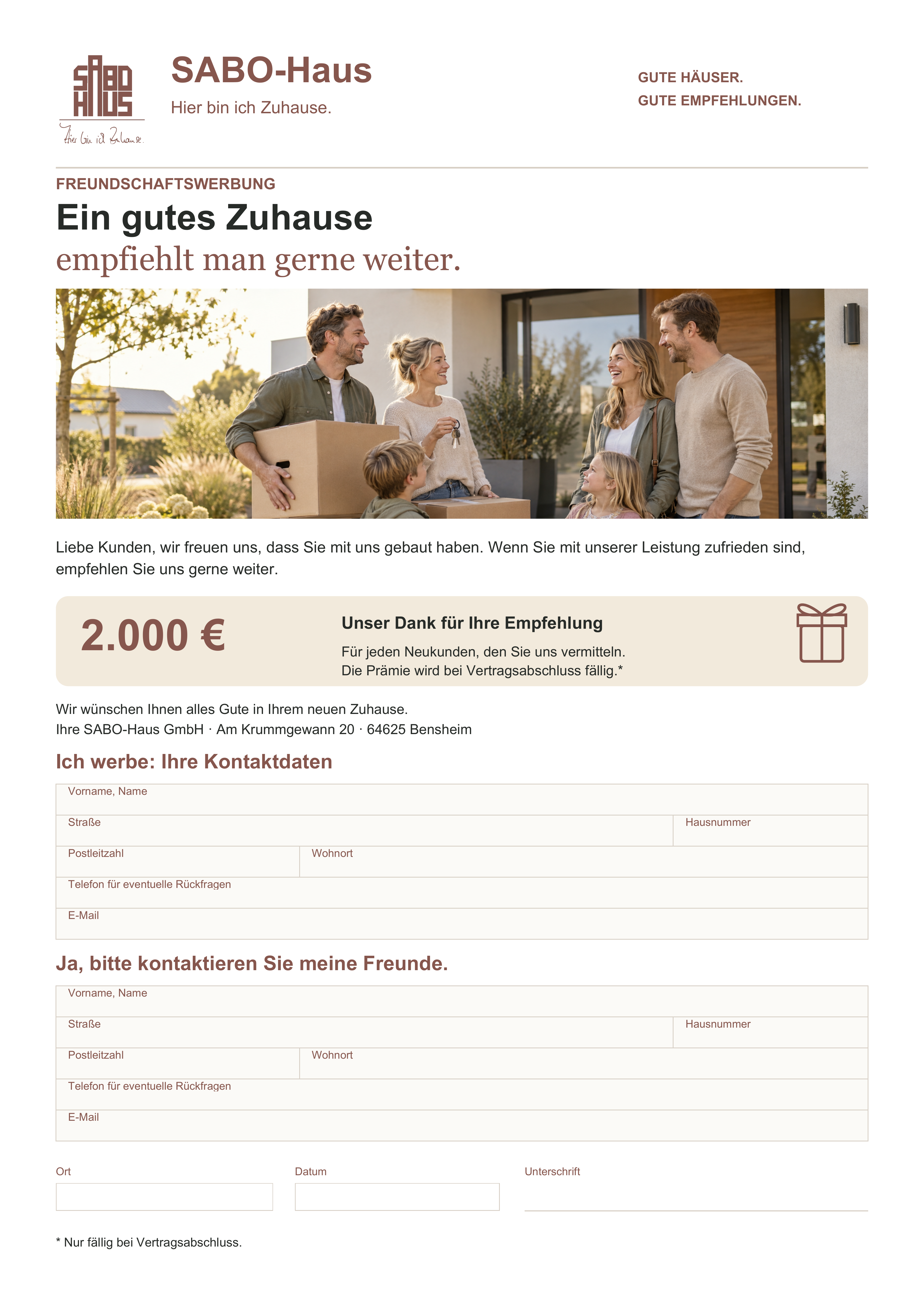 Freundschaftswerbungskarte mit 2.000 Euro Prämie, ausfüllbaren Kontaktdaten und Unterschriftszeile