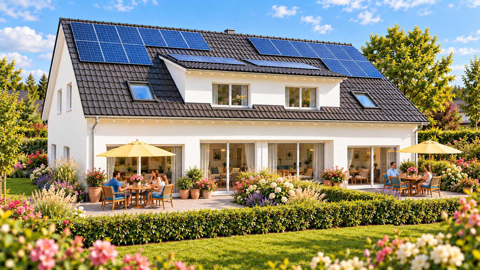 Griesheim B1 und B2: Terrassenansicht mit Garten und Photovoltaikanlage