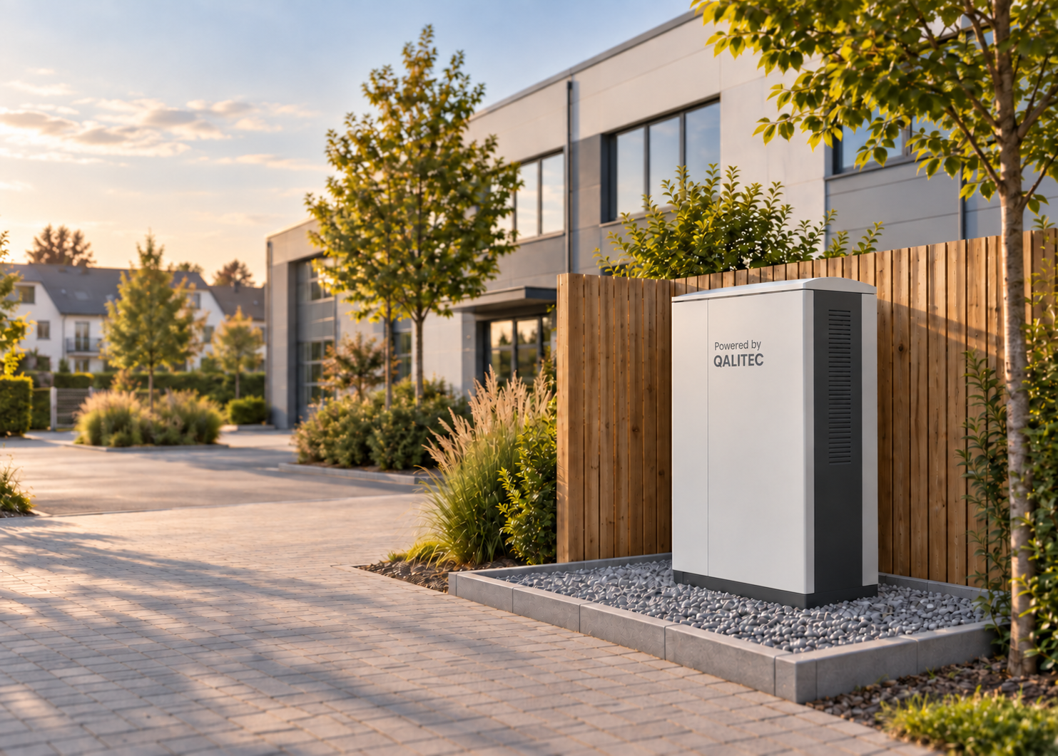 Kompakter Batteriespeicher vor Holzsichtschutz auf einer eingefassten Kiesfläche – beispielhafte Visualisierung – mit der Beschriftung „Powered by QALITEC“