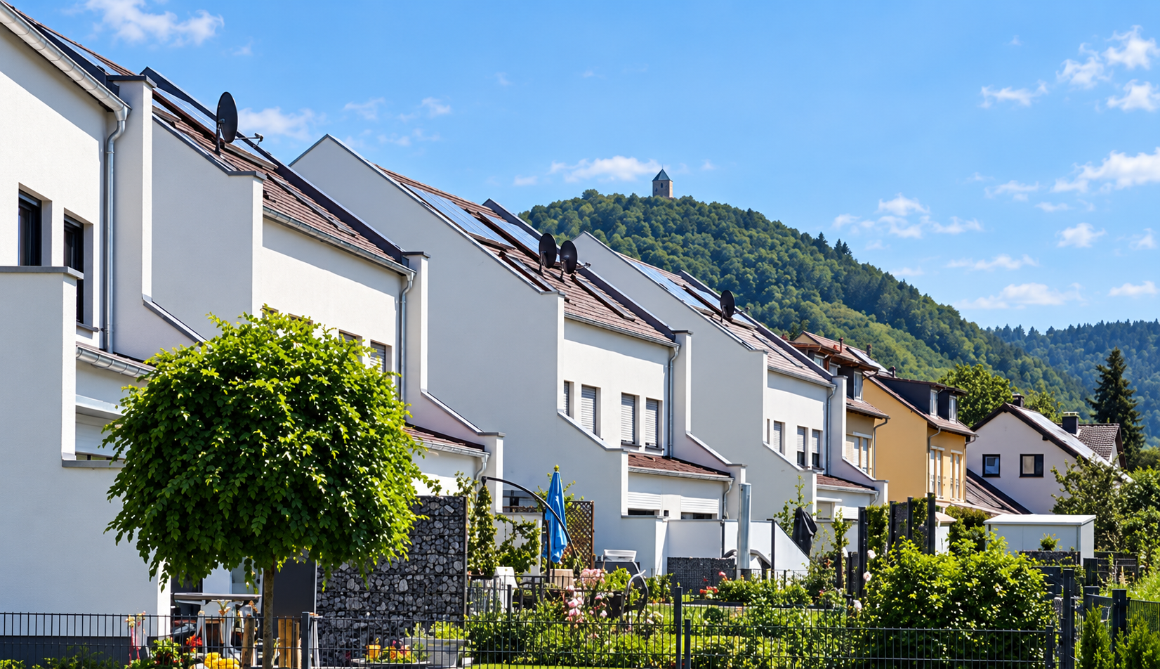 SABO-Häuser in Heppenheim mit Blick auf die Starkenburg – bildoptimierte Aufnahme